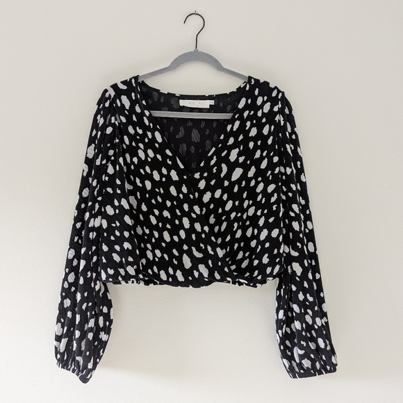Astr Tops - ASTR Spotted Cropped Pleated Plunge Puff Sleeve Sheer Lines Blouse